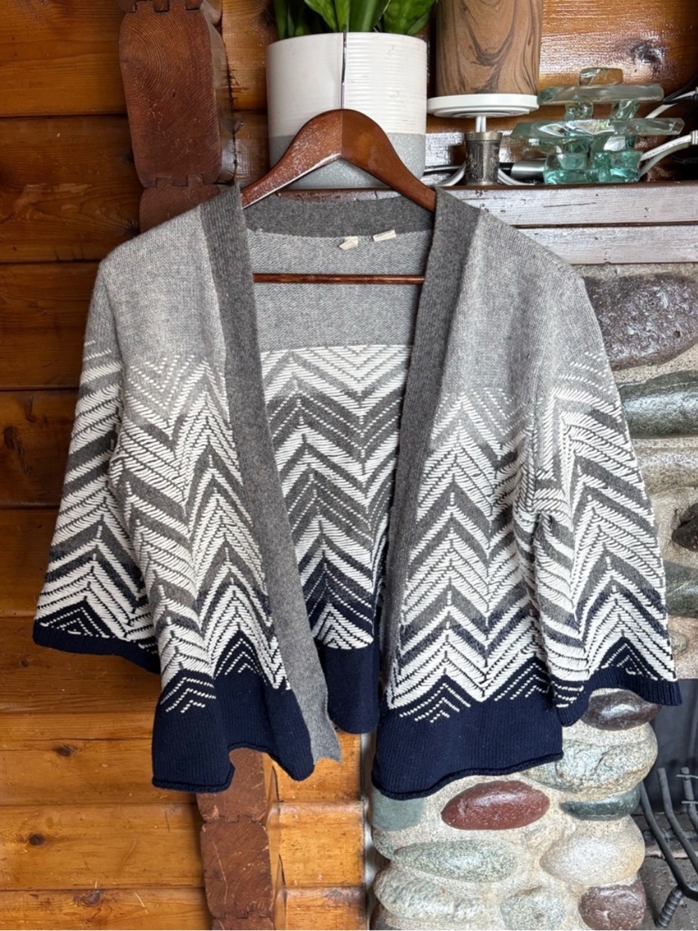Moth Anthropologie Wool Blend Chevron Open Cardigan Gray Navy Medium L